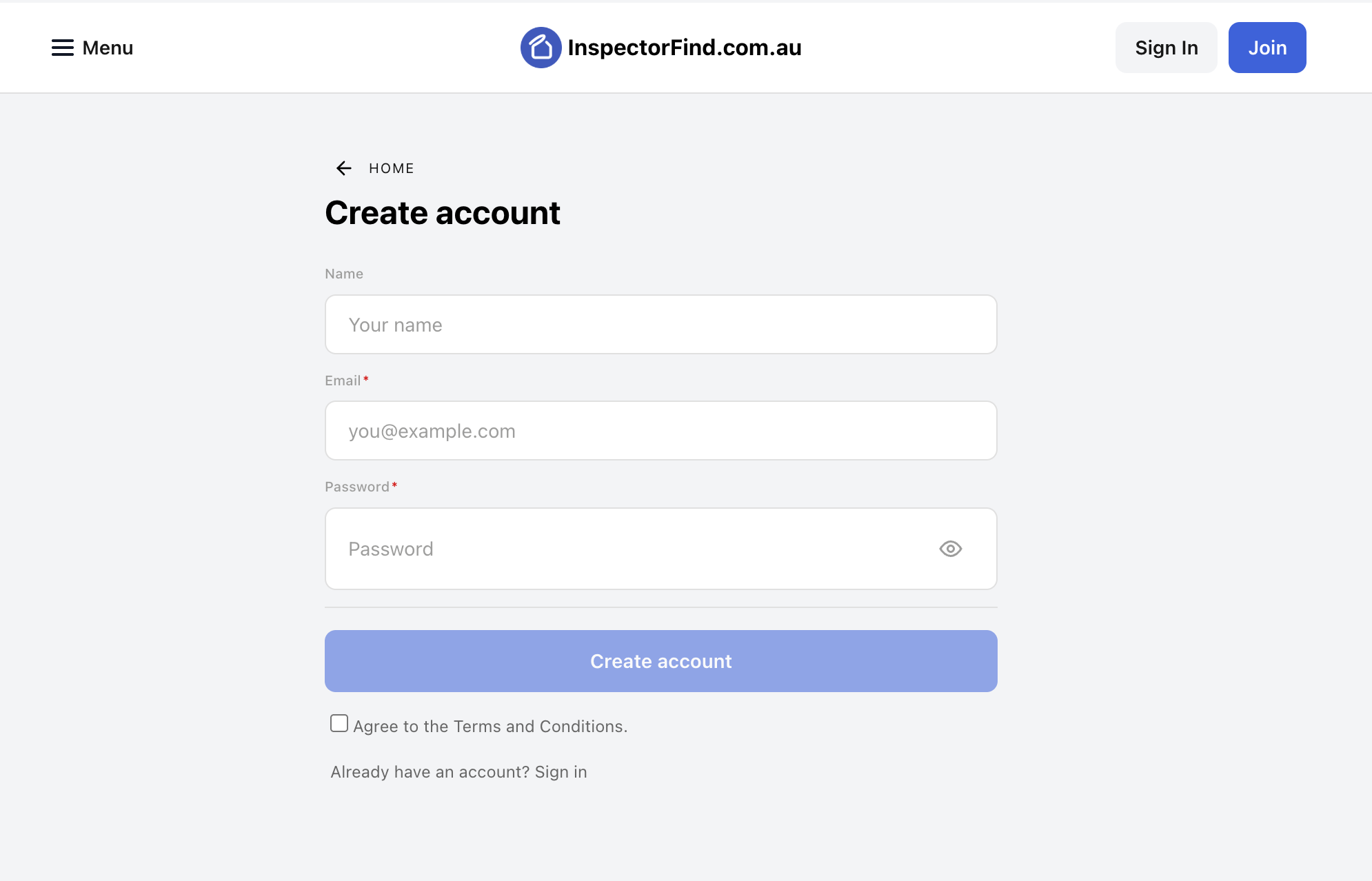 Create account screen on InspectorFind.com.au