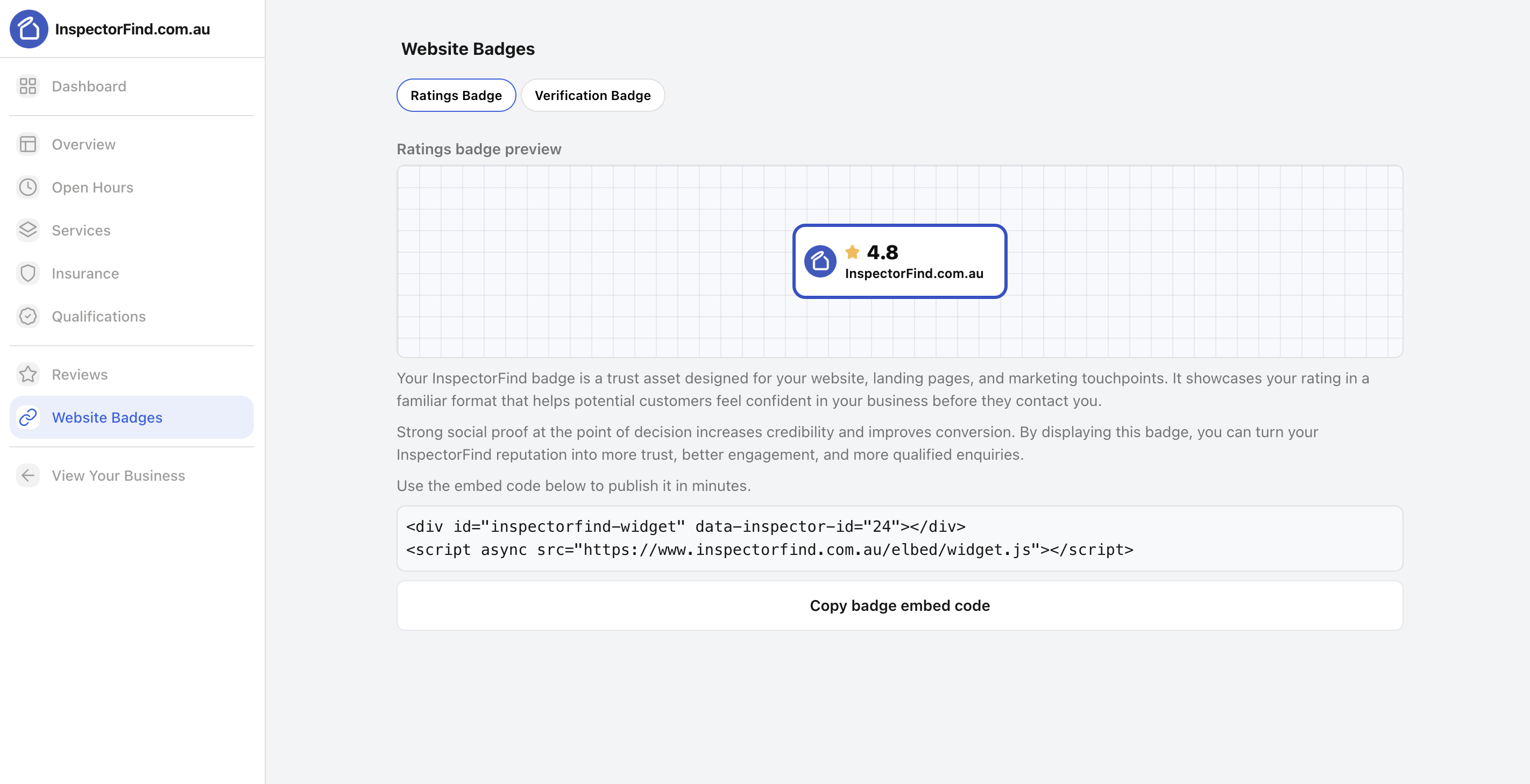 Website Badges screen in the InspectorFind business dashboard